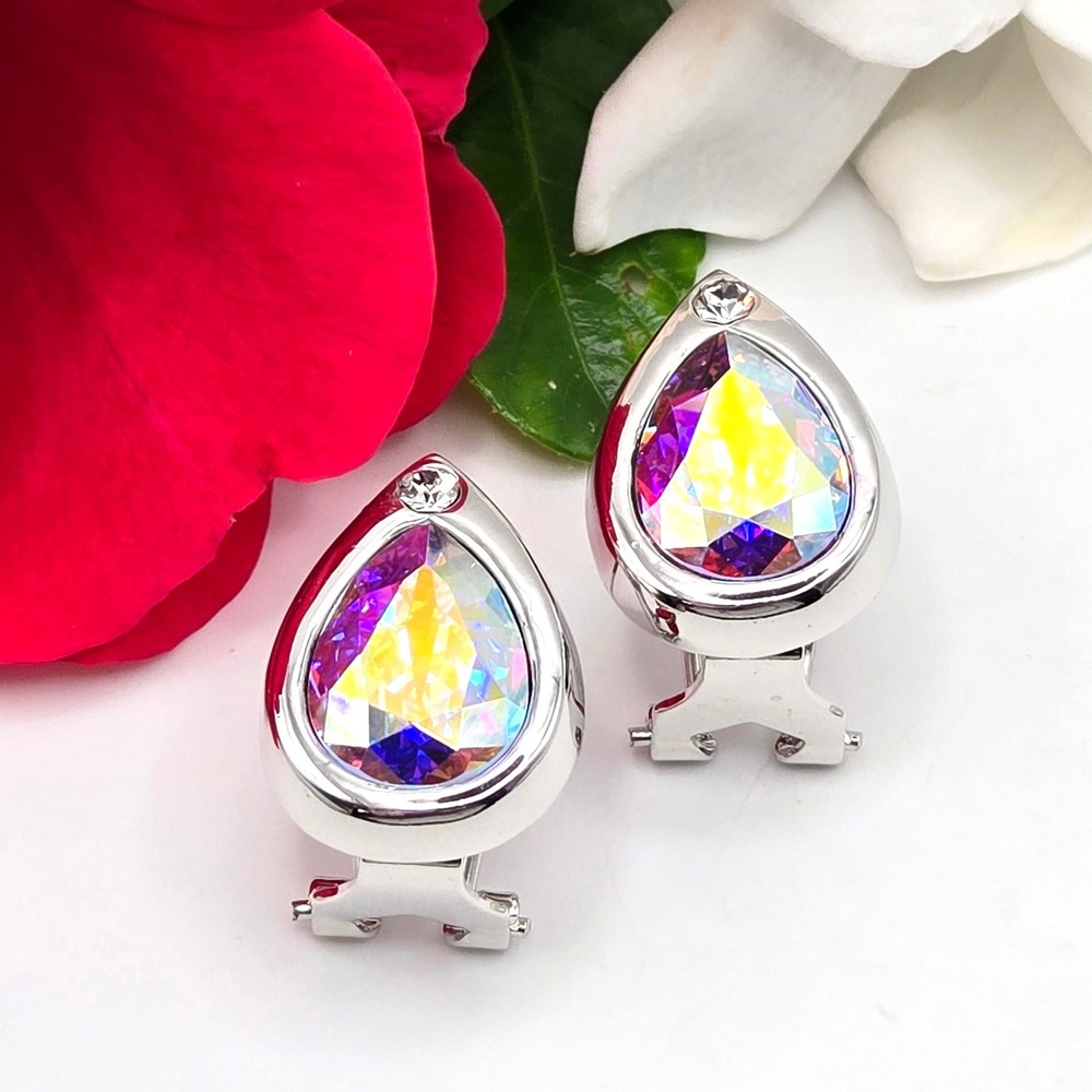 William Wang Aurora‎ Borealis Crystal Teardrop Omega Back Earrings Silver Tone
